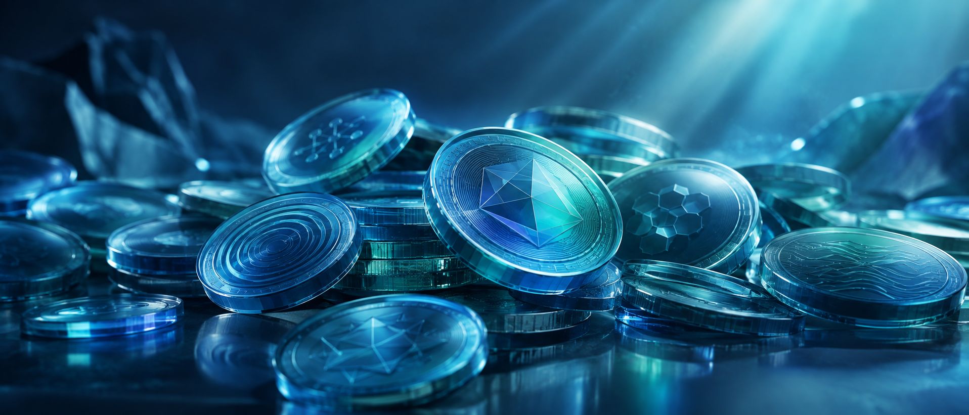 Pile of assorted generic cryptocurrency coins with abstract engraved patterns