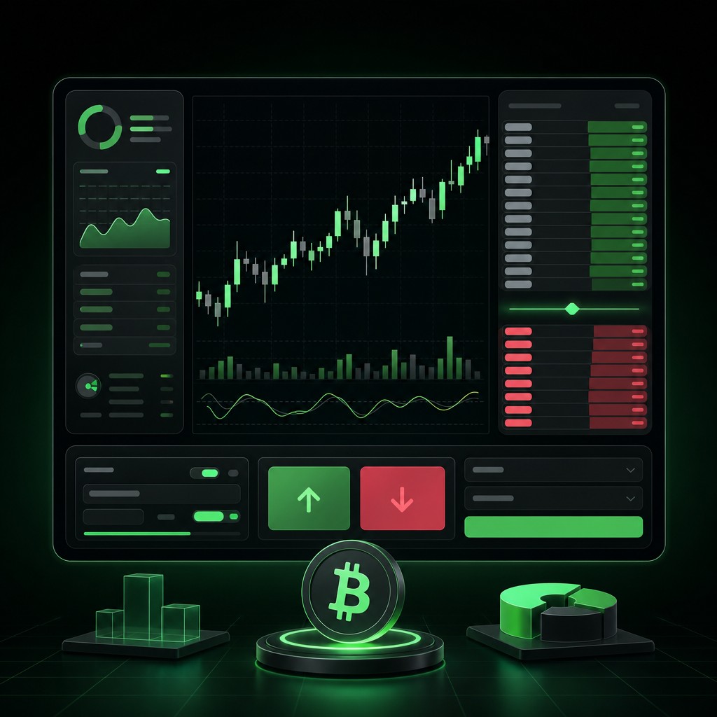 Futuristic trading interface with an order book and crypto charts