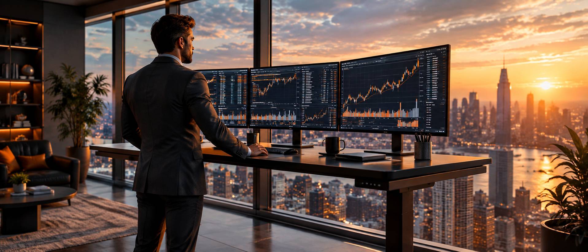 Investor at a standing desk watching fast moving intraday stock charts